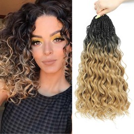 Auxemuen 8 Packs Pre Looped Ocean Wave Crochet Hair 14 Inch Boho Ocean Braids Short Curly Crochet Hair Pre Twisted Synthetic Deep Wavy Crochet Hair for Women (1B/27)