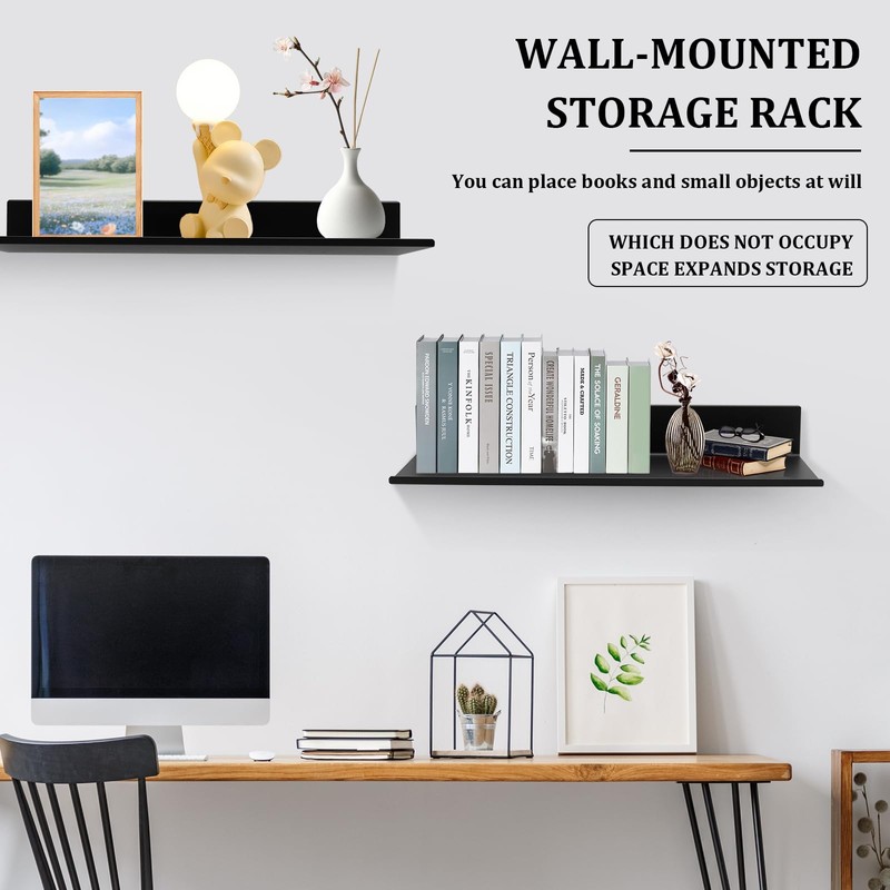 WJMY Pack of 2 Wall Shelves Black Metal Picture Rail