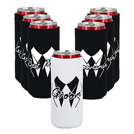 LADY & HOME Set of 7 Bachelor Party Can Cooler,Groom and Groomsman Slim Can Sleeve,Collapsible Can Holder for Bachelor Party (Black-Slim-Squiggles)