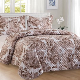 Elegant Comfort 3-Piece Boho Paisley Floral Patchwork Reversible Quilt - Soft Premium Bedspread with Matching Pillow Shams, Premium Stitching All Season Quilted Coverlet - California King, Taupe