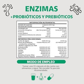 Enzimas Digestivas + Probióticos | Contiene 7 Enzimas Digestivas + Probióticos Lactobacillus acidophilus | Proteasa Lactasa Lipasa Bromelina Papaína |
