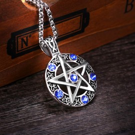 Leprato Stainless Steel Pentagram Pendant Necklace High Polished Blue Crystal Pentacle Charm Amulet Pendant Necklace for Men Women