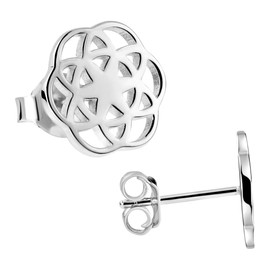 Materia Flat Stud Earrings 925 Silver Women's Mandala Earrings Flower of Life 10 mm Round Rhodium-Plated or Gold-Plated, Silver
