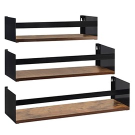 Giftgarden Black Iron Wood Floating Shelves for Wall Plus Sizes 24”, 20”, 16”, Chunky Rustic Wall Shelf Storage Organizer with Bar Bracket for Bathroom Kitchen Bedroom Book Living Room, 3 Pack