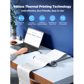 NUOTUN Portable Printers Wireless for Travel - A4 Thermal Printer Bluetooth Compatible with IOS Android Laptop - Support 8.5 X 11 US Letter A4 Paper 2” 3” 4” - Inkless Printers for Home Use Office Car