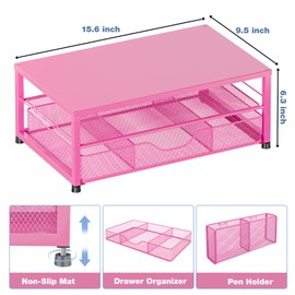 OPNICE Desk Organizer and Accessories, 2-Tier Computer Monitor Stand with Drawer and 2 Pen Holders, Office Desk Accessories for Office Supplies, Carmine Rose