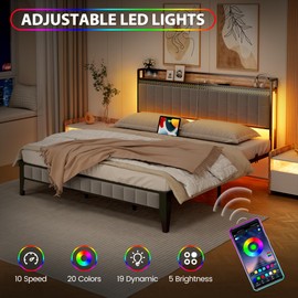 GAOMON Full Bed Frame with Charging Station, LED Bed Frame with Storage Headboard, Upholstered Platform Bed Frame Full Size, No Box Spring Needed, Easy Assembly, Gray