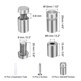 sourcing map 12 Pcs 1/2" x 4/5" Standoff Screws Stainless Steel Wall Mount Sign Mounting Hardware Kit with 14pcs Screws for Hanging Acrylic Glass Signs Advertising Boards, Brushed Silver