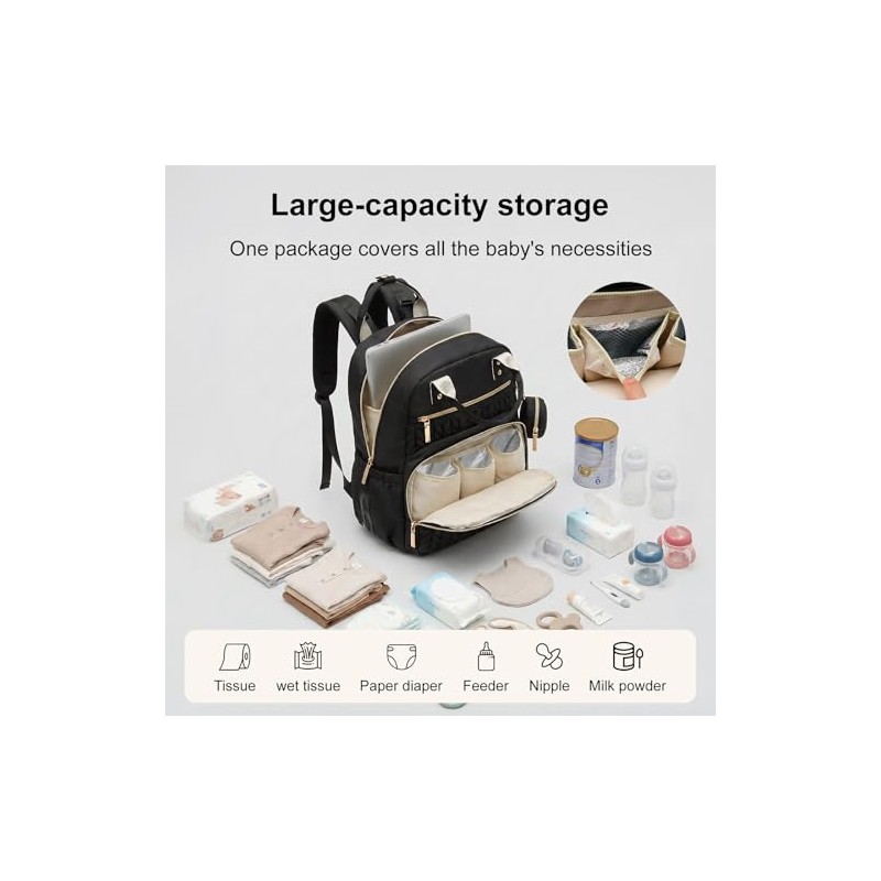 Baby Changing Bag Backpack, Quilted Waterproof Nappy Bag with Insulated