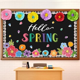 Lunmon 62 Pcs Hello Spring Bulletin Board Sets Spring Flower Classroom Decoration 3D Floral Bulletin Board Flower Cutouts for Classroom Chalkboard Wall Decor