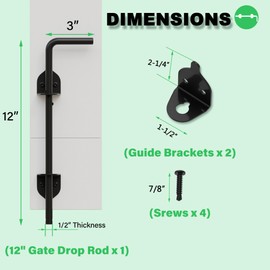 12 Inch Heavy Duty Cane Bolt Gate Drop Rod, Drop Rod Kit for Double Gate, PVC Vinyl Metal Fences Gate Hardware, Wrought Iron Gate Latch for Wooden Fences Metal Gates Doors, Black Finish, 1 Pack