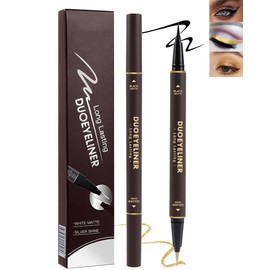 Gold Glitter Eyeliner & Black Matte Liquid Liner-Double Eyeliner Pen,Metallic Shimmer Sparkling Eye Liner Eyeshadow Makeup Pencil,High Pigmented Long Lasting Waterproof Smudgeproof Liner Pen for Women
