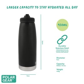 Polar Gear 930ml Double Wall Stainless Steel Water Bottle with Straw | Leakproof Thermal Insulated Water Bottles with Straw | BPA Free Metal Drinking Bottles for Adults for Gym Work Travel (Black)