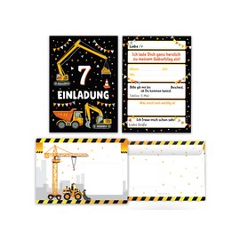12 Invitation Cards with 12 Envelopes for 7th Children's Birthday Boys Digger Construction Site Children Cool Colourful Invitations Seventh Birthday Invitations Kids