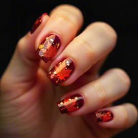 Thanksgiving Short Square False Nails Maple Leaf Press on Nails 24Pcs Fall Leaves Stick on Fingernails Glossy Gold Glitter Acrylic Fake Nail Autumn Gel Glue on Nail for Coquette Women Girls