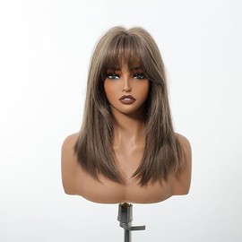 Allbell Brown Bob Wig with Curtain Bangs Brown Mixed Blonde Wig Shoulder Length Hair Layered Wig Natural Synthetic Wigs for Black Women