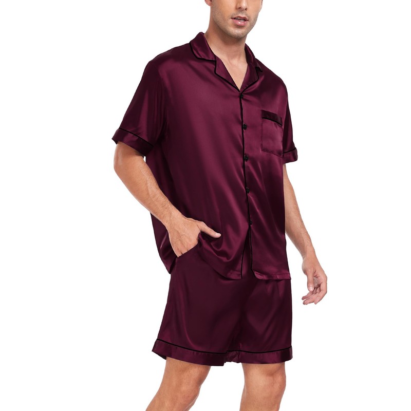 SWOMOG Men Silk Satin Pyjamas Sets Short Sleeve Sleepwear Button-Down