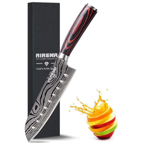 AIRENA Japanese Santoku Knife, 17-cm Chef's Knife, Professional Knife, German Carbon Stainless Steel Knife, Extra Sharp Knife Blade with Ergonomic Handle, Best for Home and Kitchen