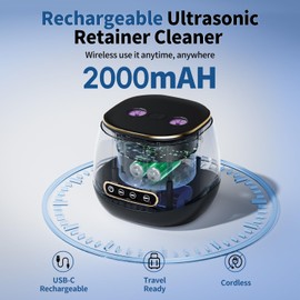 Rechargeable Ultrasonic Retainer Cleaner Machine, 45kHz Portable Cleaner for Dentures, Retainers, Aligners, Night Guards, Braces & Jewelry, 3 Modes, 200ML Capacity, Black