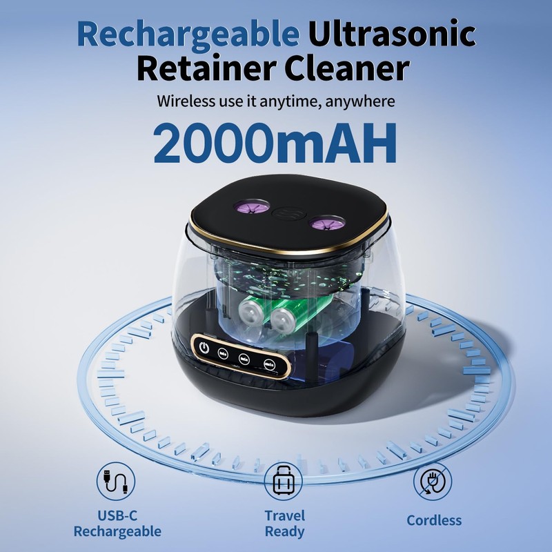 Rechargeable Ultrasonic Retainer Cleaner Machine, 45kHz Portable Cleaner for Dentures,