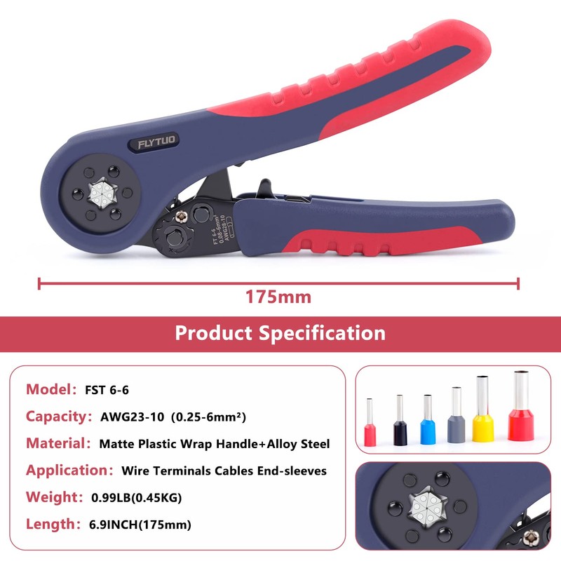 Flytuo Upgraded Hexagonal Ferrule Crimping Tool, New HSC8 6-6A Self-adjusting