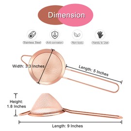 Small Strainer Set of 2, E-far 3.3 Inches Stainless Steel Fine Mesh Sieve with Long Handle, Metal Conical Strainers for Tea Cocktail Coffee Food, Rust Proof & Easy to Clean (Copper)