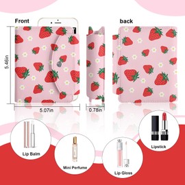 LAOTANGJIA PU Lipstick Case Holder with Mirror,Holds 4pcs of Long Lipsticks,Lipstick Holder,Cute Makeup bag Travel Organizer Bag for Outside Mini Bag Pouch,Strawberry for Gift Women