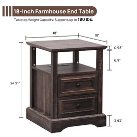 ALBAD 18" Farmhouse Nightstand with Charging Station,2 Drawers End Table,Wood Side Table with Open Shelf,Bedside Cabinet for Bedroom,Living Room,White