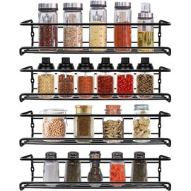 Mezzar Spice Rack Wall Spice Rack Hanging Metal Spice Holder No Drilling Fridge Organiser Kitchen Shelf Pack of 4 Black