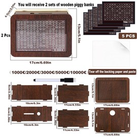 Gxlaihly Pack of 2 Wooden Money Boxes with Marker Stickers, Money Box with Counter for Ticking, Reusable, with 1000€/2000€/3000€/5000€/10000€ Target Piggy Bank