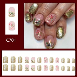 24Pcs Christmas Press on Nails Short Square Fake Nails Glitter Full Cover Cute False Nails Glossy Nude Glue on Nails Winter Xmas Artificial Acrylic on Nails for Women and Girls Holiday Nails