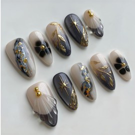 Shimmerz 30 Piece Almond Style Nail Set Medium Length 3D Marble Gold Leaf French Tip Reusable Full Cover Fake Nails for Elegant Ladies Manicure