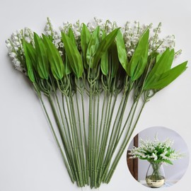 24 pcs White Artificial Flowers Lily of the Valley,14"Plastic Flowers for Outdoors,Baby Breath Flowers Artificial For Wedding,Party, Outdoor Indoor Decor flowe Arrangements for Table (2 forks)