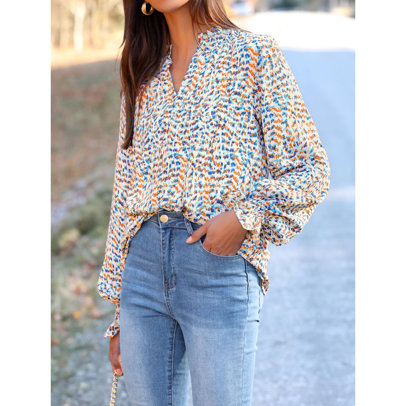 MASCOMODA Womens V Neck Floral Long Sleeve Tops 2025 Summer