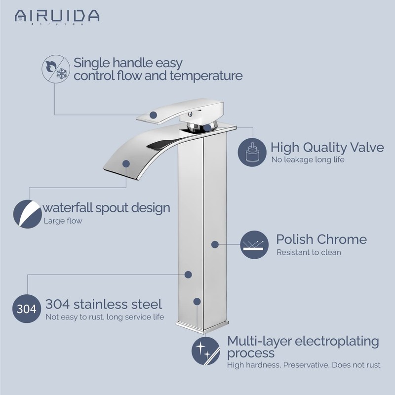 Airuida Tall Bathroom Vessel Faucet Chrome Polish Waterfall Bathroom Single