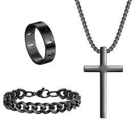 APMGONT Men's Cross Necklace Cuban Bracelet Ring Set Stainless Steel Cross Pendant Necklace Cuban Chain Bracelet Cross Vintage Spinner Ring Set Gifts for Men Birthday Christmas (Black A)