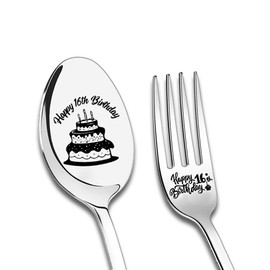 Happy 16th Birthday Gifts Fork Spoon Set, Sweet 16 Gifts for Girls Keepsake Birthday Gifts for Daughter Granddaughter Niece Birthday Gifts for Girls Boy Brother Sister Friends 2Pcs