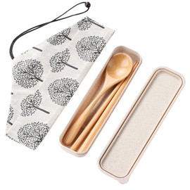 Natural Wooden Chopsticks Spoon Fork Wheat Holder with Chopsticks Bag 7.1 inches (18 cm)