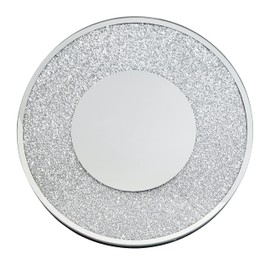 Round Crystal-Filled Charger, Unique, Dramatic, Glass Mirrored Dinner Plate Server, For Formal Dining Tables Setting, Events, Wedding, Silver, 15", Sold Individually