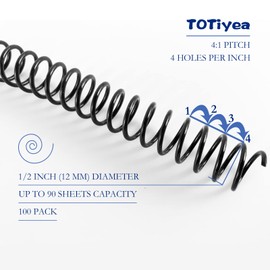 TOTiyea 100 Pack Plastic Spiral Binding Coils, 12mm(1/2") Binding Spirals, 90 Sheet Capacity, 4:1 Pitch, Black