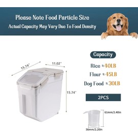 Qiveno 2 Pack Rice Storage Container with Measuring Cup 50 lb Flour Storage Container with Wheels, BPA Free Food Storage Container Dog Cat Food Bin Set for Dry Food Sugar, Cereal(Gray)