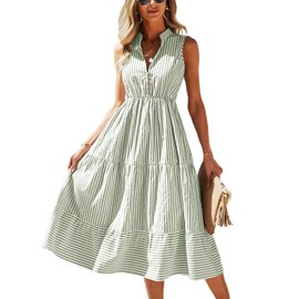 BROVAVE Womens 2025 Summer Sleeveless Shirt Dress Collar Striped V Neck Casual Midi Dresses(Green, S)
