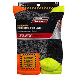 Genuine-Dickies Men's Dri-Tech Premium Performance Crew Work Sock 6-Pair-Pack (Hi-Visibility Multi-Color, Shoe Size: 6-12)