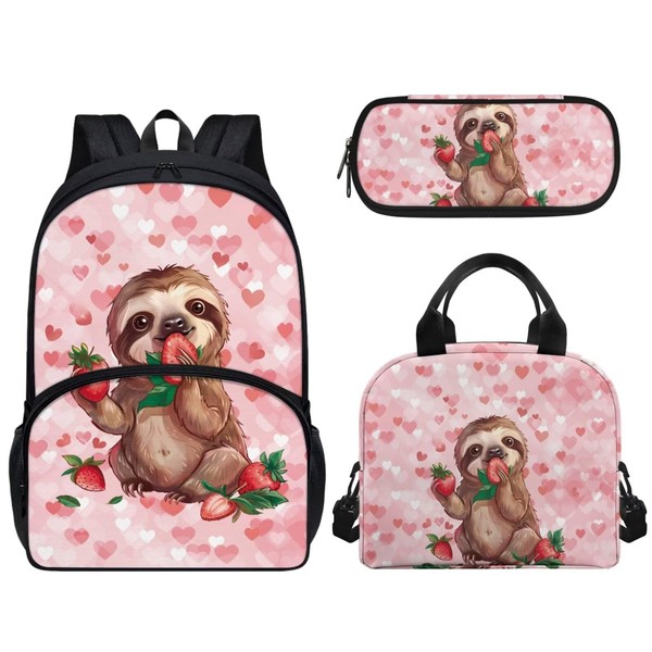 Cndexd Pink Hearts Sloth Strawberry Print Girls Backpack Set, Kids