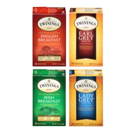 Twinings Variety Pack English Breakfast, Earl Grey, Irish Breakfast, Lady Grey, Caffeinated Black Tea Bags, 20 Count (Pack of 4)