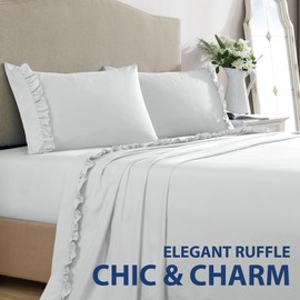 Swift Home Ultra-Soft Elegant 2-inch Ruffled Hem Design on Flat Sheet and Pillowcases, Wrinkle Resistant, Fade Resistant, Deep Pocket, Double Brushed 4-Piece Microfiber Sheet Set - King, White