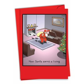 1675 'Santa Earns Living' - Funny Merry Christmas Greeting Card with 5" x 7" Envelope by NobleWorks