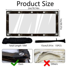 Tarpaulin Waterproof Heavy Duty, 1m x 2m Clear Tarpaulin Plastic Sheeting Waterproof Sheet with Reinforced Grommets 10m Rope and 15 Bundle Ties Tarp for Garden Outdoor Camping Furniture Shed