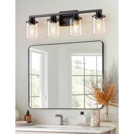 LOHAS 4-Light Black Bathroom Light Fixtures, Modern Matte Black Wall Sconce Lighting with Clear Glass Shade,Vanity Lights for Bathroom, Wall Lamp for Mirror Bedroom Hallway