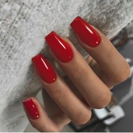 KQueenest Red Press on Nails Long Medium Square, Wine Red Fake Nails Medium Coffin, Glossy Sheer Color Acrylic Nails Press ons, Reusable Soft Gel Glue on Nails for Women Fall Winter